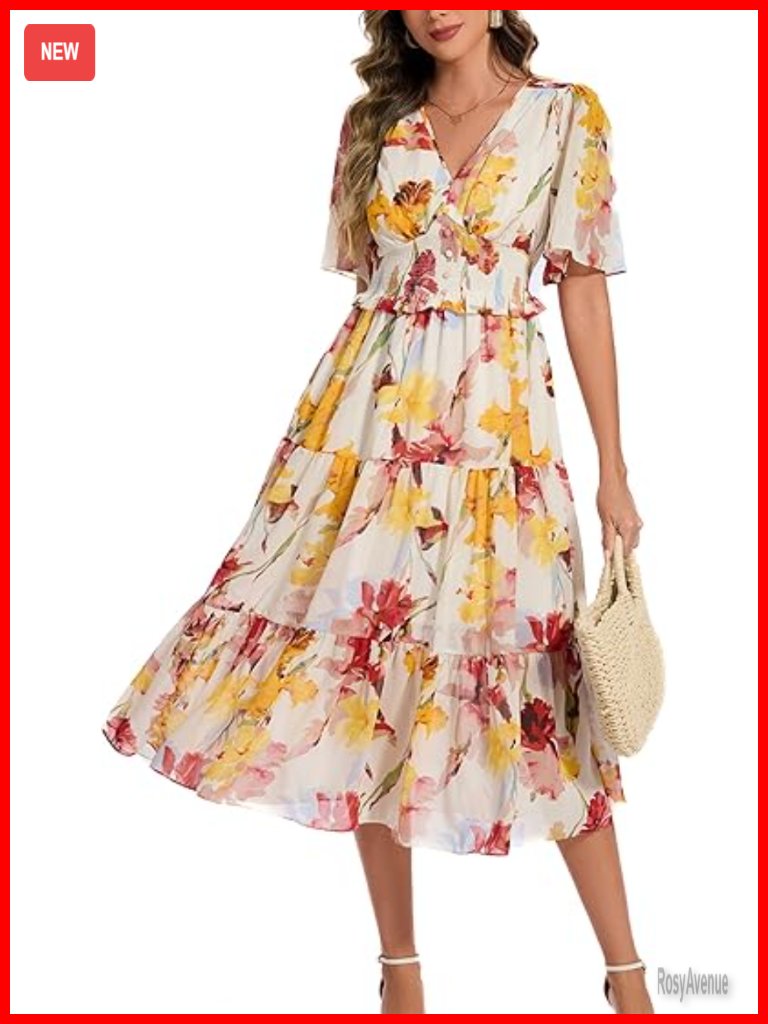 V Neck Short Sleeve Boho Smocked Flowy Summer Dress Wedding Guest